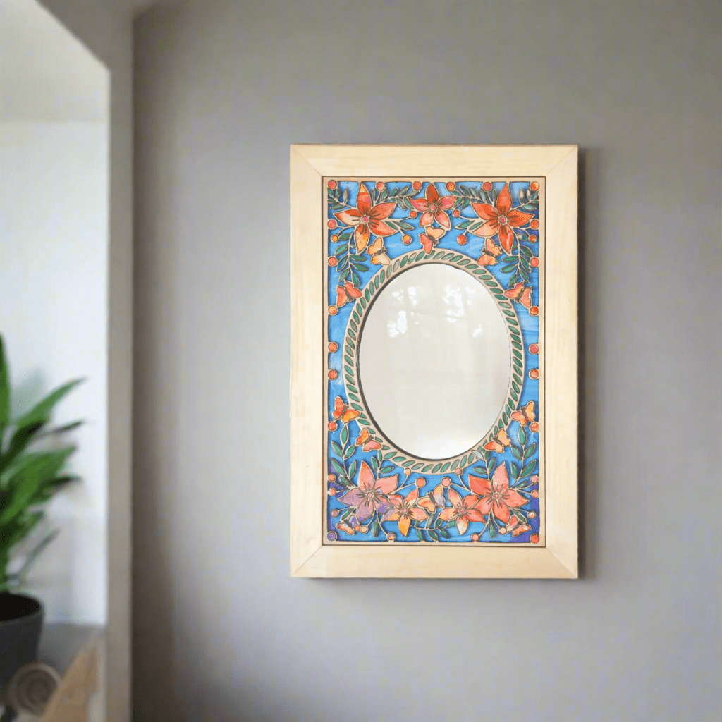 Beautiful Mirror with Flower and Butterfly Wood Inlays - Pashley Creations