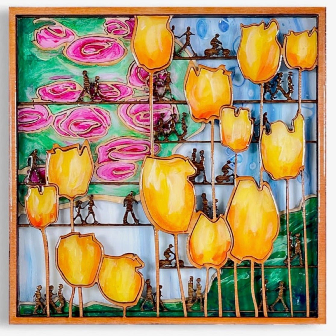 Abstract floral wood inlay with 3D silhouettes of people by laura pashley