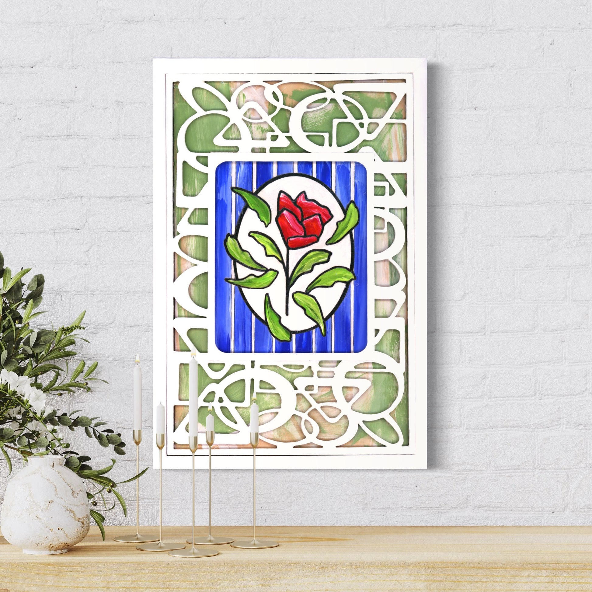 3D Red Rose artwork. A single rose stands out against a pristine white geometric trellis and sky-blue backdrop - a symbol of elegance and individuality. the stacked layers of birchwood panels creates unique shadows 