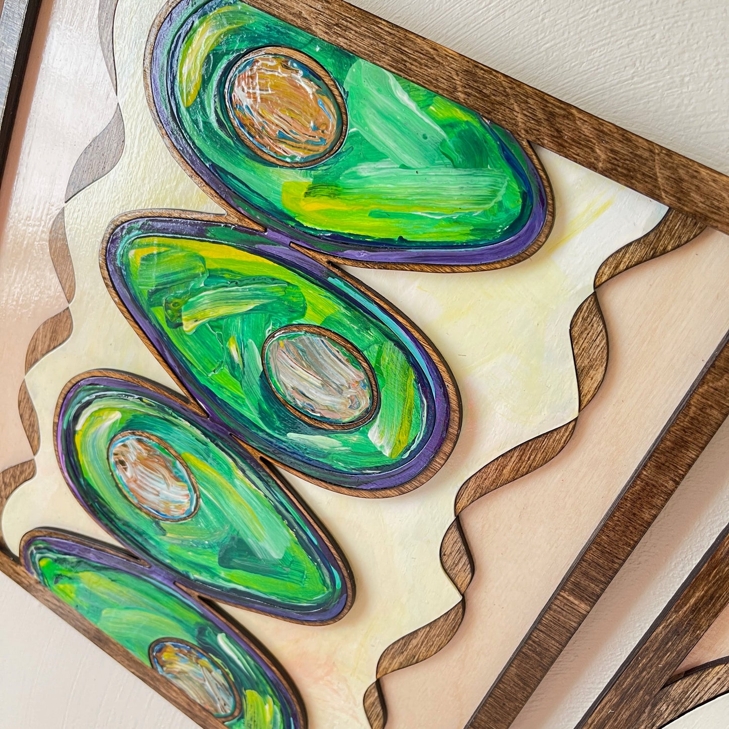 Abstract Avocados - 3 Panels, Wood Inlaid Wall Sculpture - Pashley Creations wood inlay