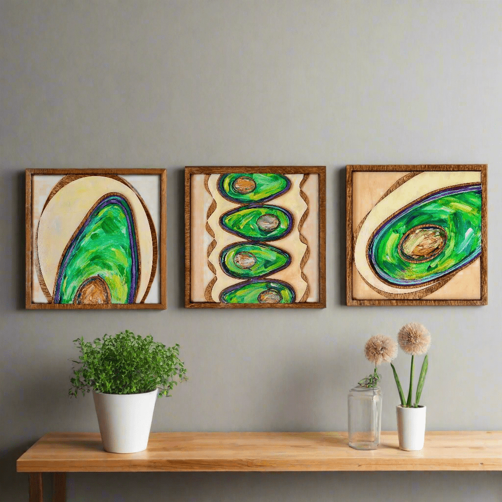 Abstract Avocados - 3 Panels, Wood Inlaid Wall Sculpture - Pashley Creations