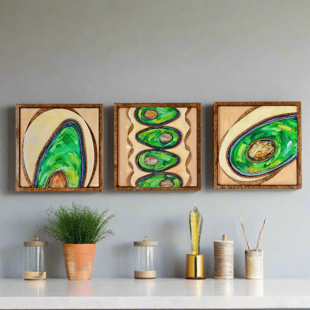 Abstract Avocados - 3 Panels, Wood Inlaid Wall Sculpture - Pashley Creations