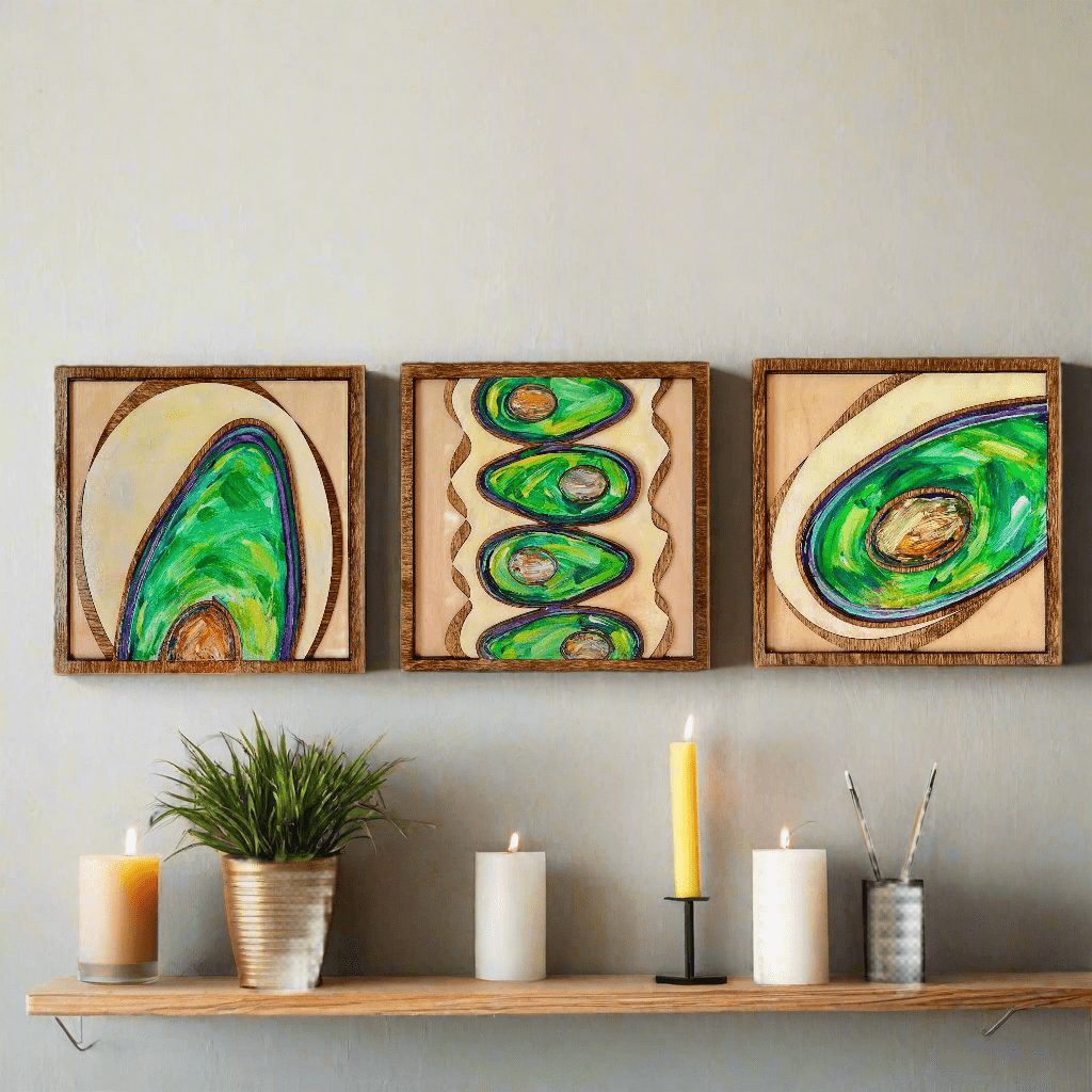 Abstract Avocados - 3 Panels, Wood Inlaid Wall Sculpture - Pashley Creations