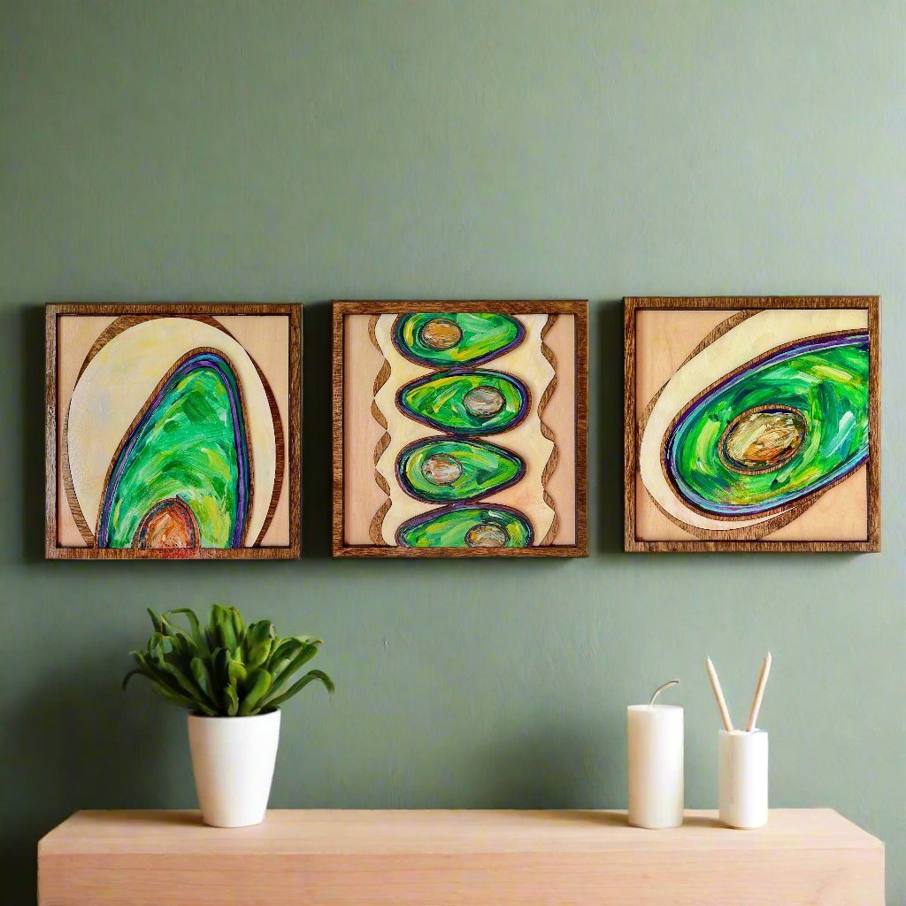 Abstract Avocados - 3 Panels, Wood Inlaid Wall Sculpture - Pashley Creations