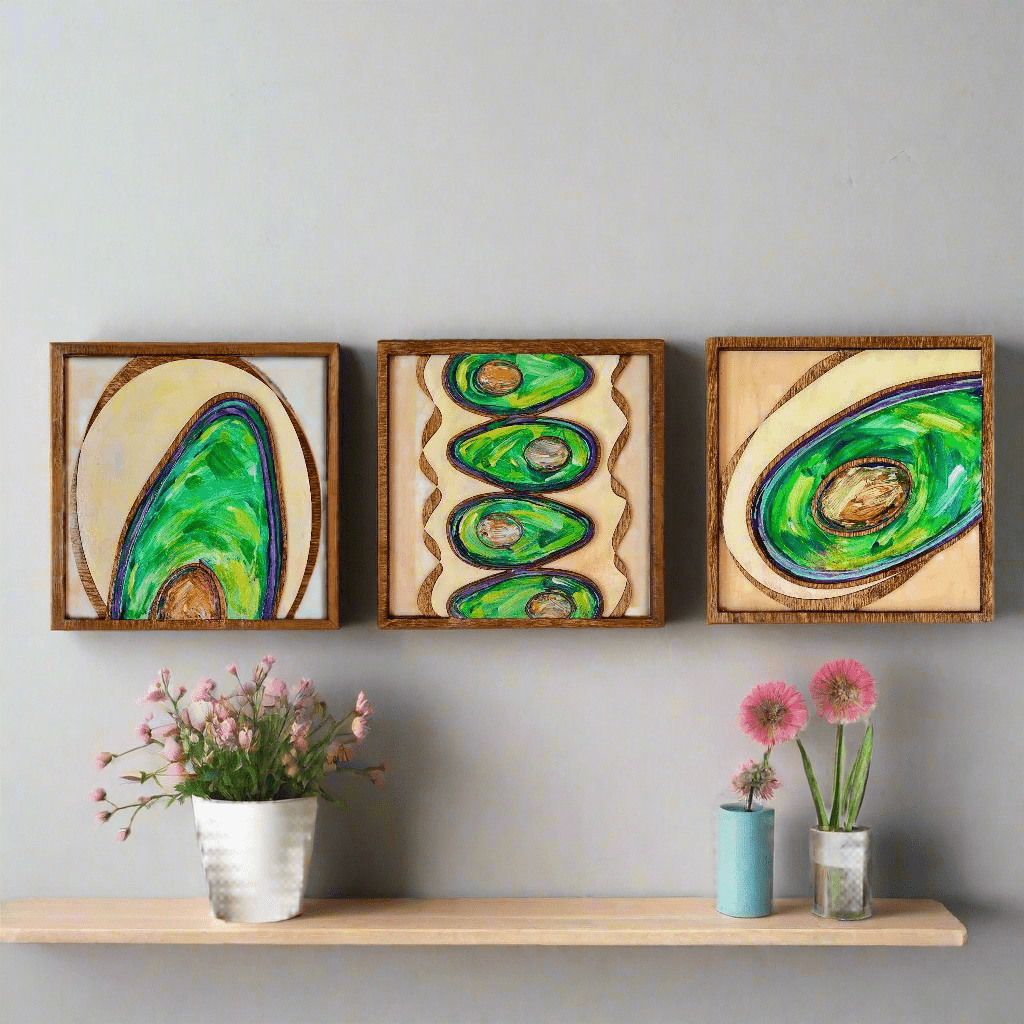 Abstract Avocados - 3 Panels, Wood Inlaid Wall Sculpture - Pashley Creations