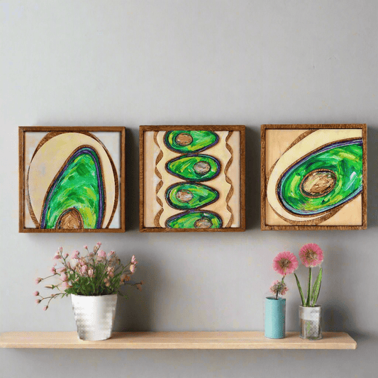 Abstract Avocados - 3 Panels, Wood Inlaid Wall Sculpture - Pashley Creations