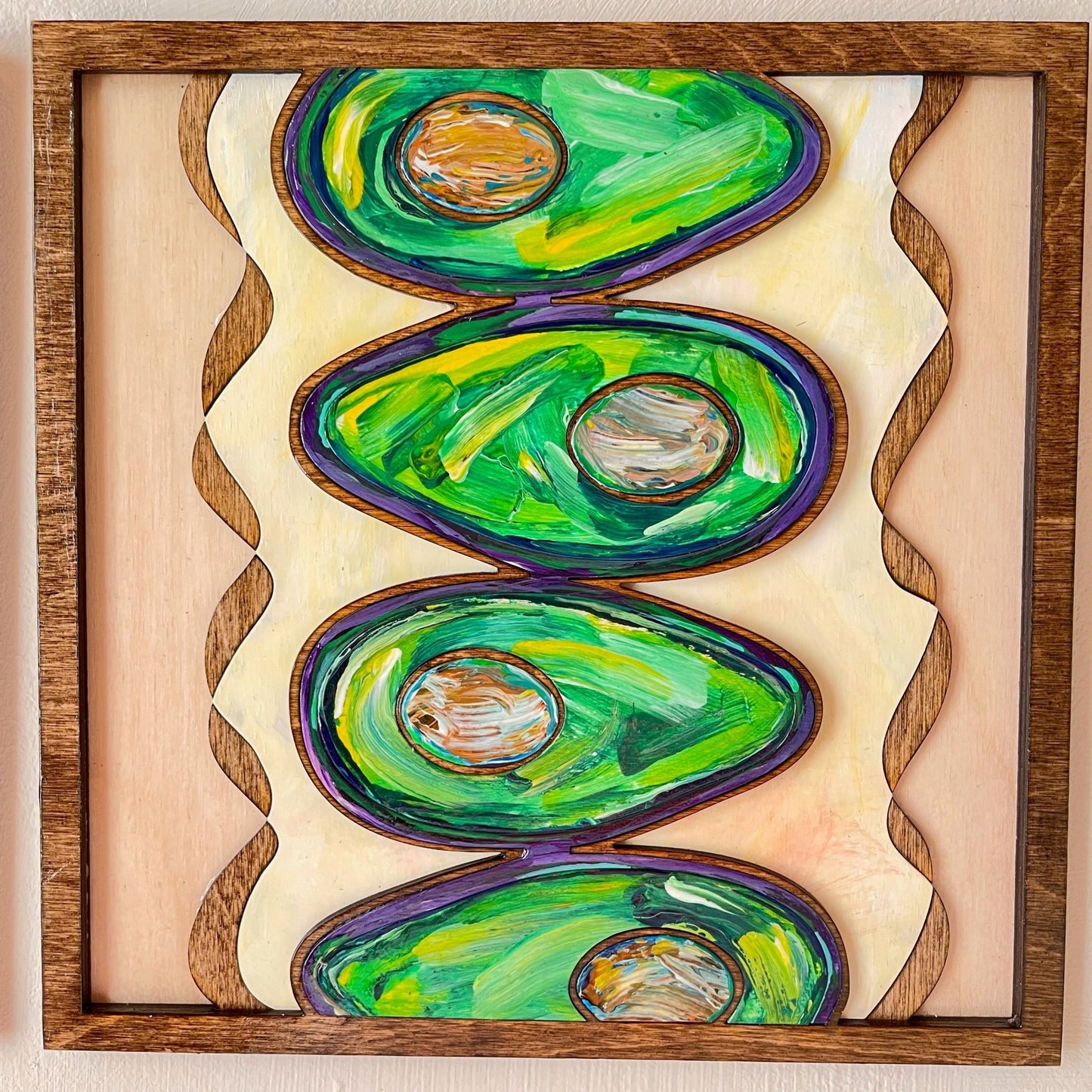 Abstract Avocados - 3 Panels, Wood Inlaid Wall Sculpture - Pashley Creations wood inlay