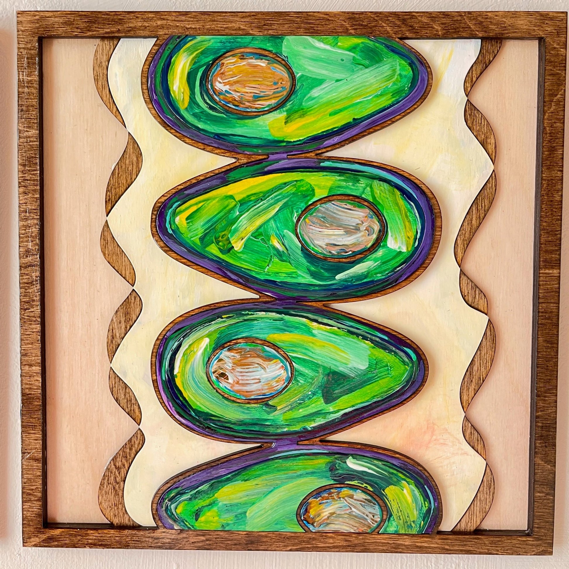 Abstract Avocados - 3 Panels, Wood Inlaid Wall Sculpture - Pashley Creations wood inlay