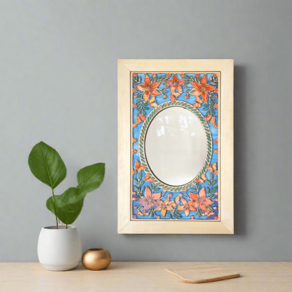 Beautiful Mirror with Flower and Butterfly Wood Inlays - Pashley Creations