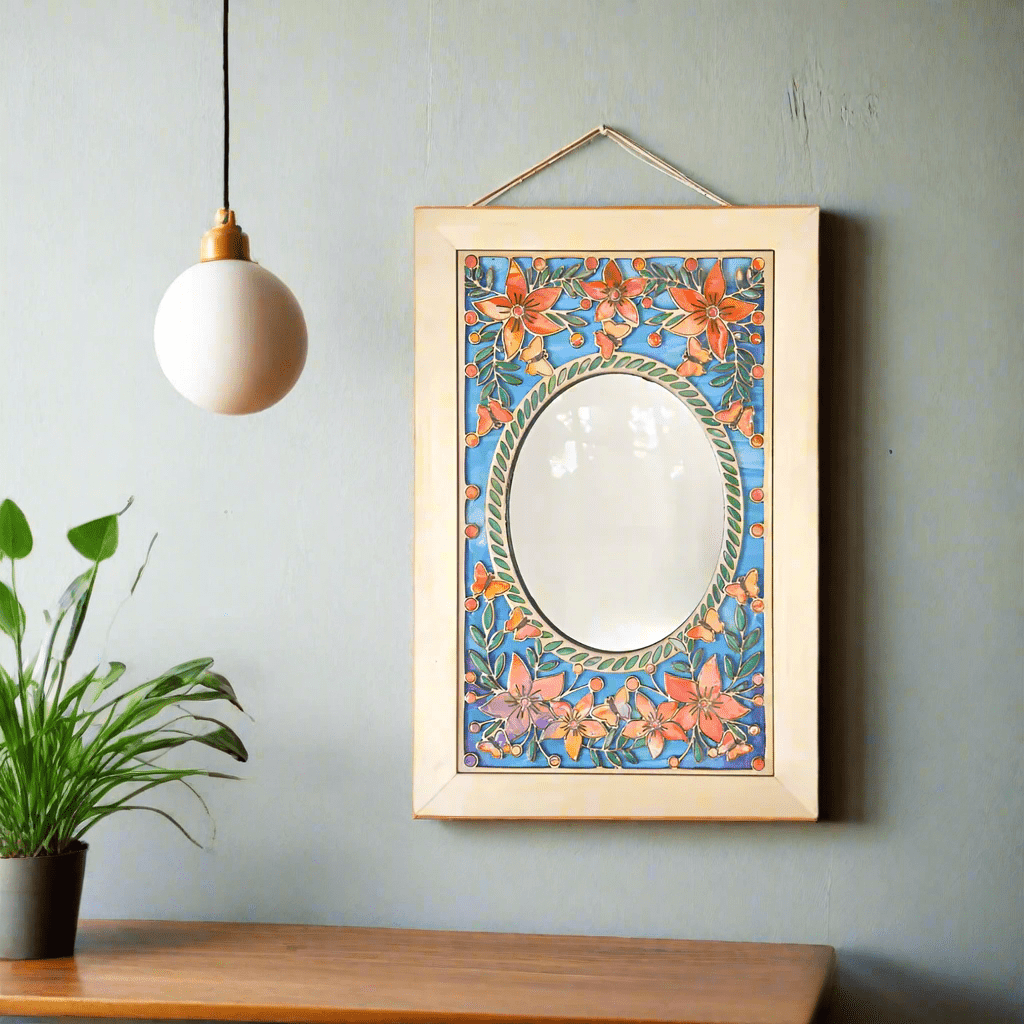 Beautiful Mirror with Flower and Butterfly Wood Inlays - Pashley Creations