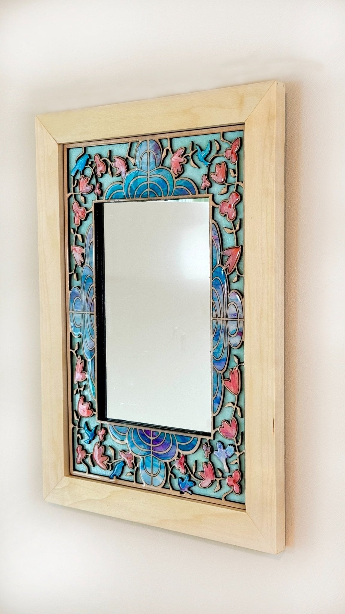 Mirror with Intricate Wood Inlay of Pink Flowers and Bluebirds - Pashley Creations