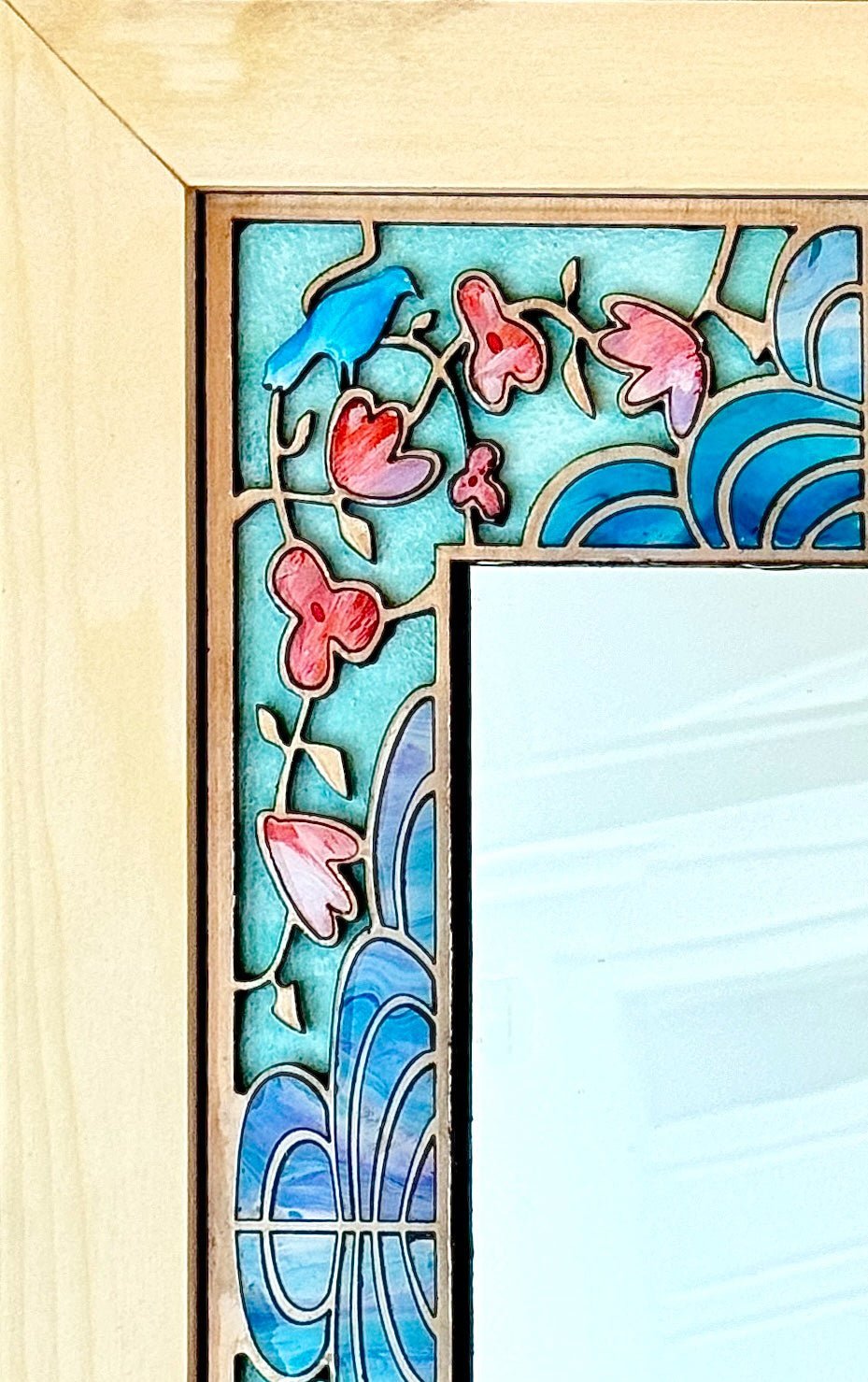 Mirror with Intricate Wood Inlay of Pink Flowers and Bluebirds - Pashley Creations