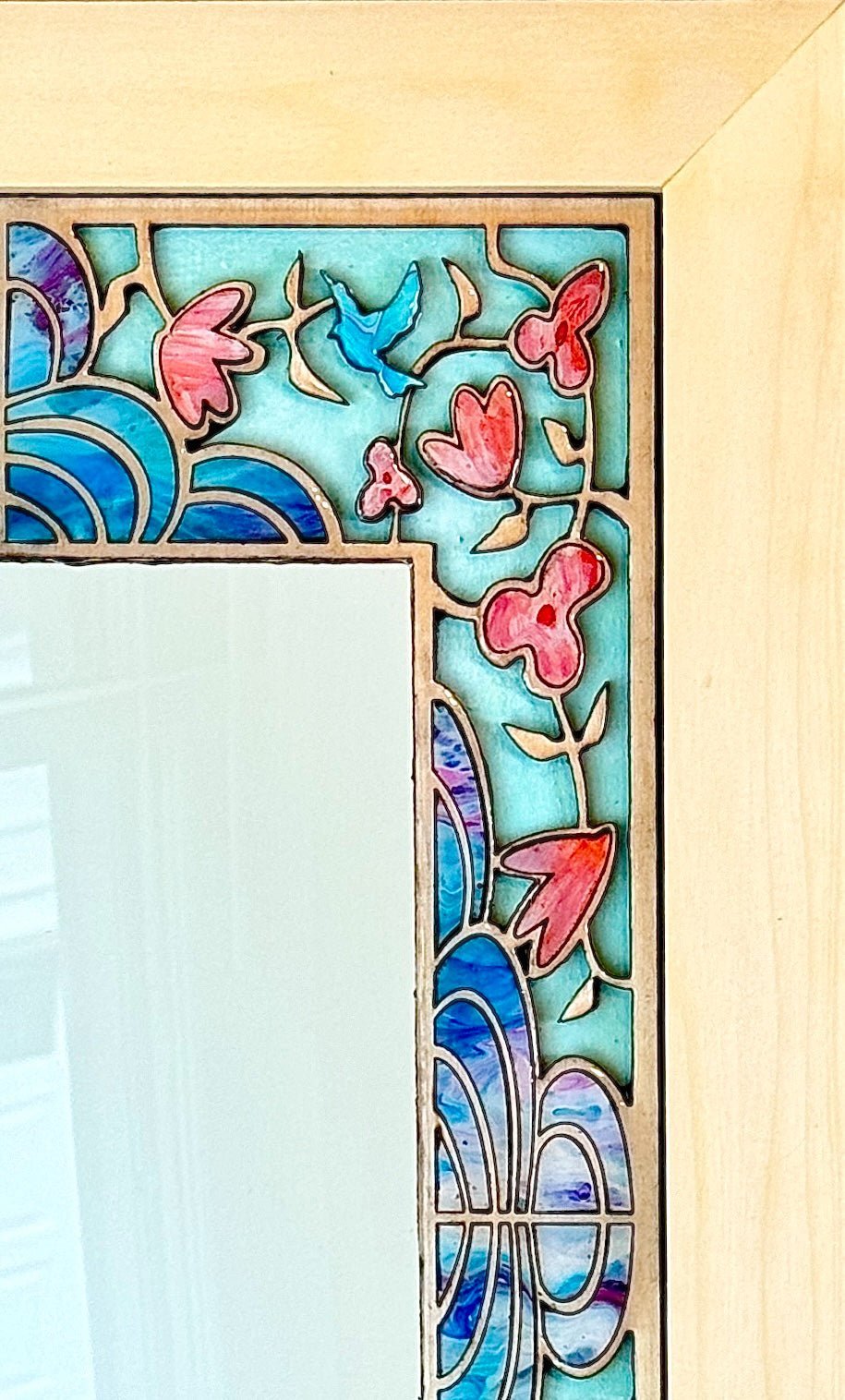 Mirror with Intricate Wood Inlay of Pink Flowers and Bluebirds - Pashley Creations