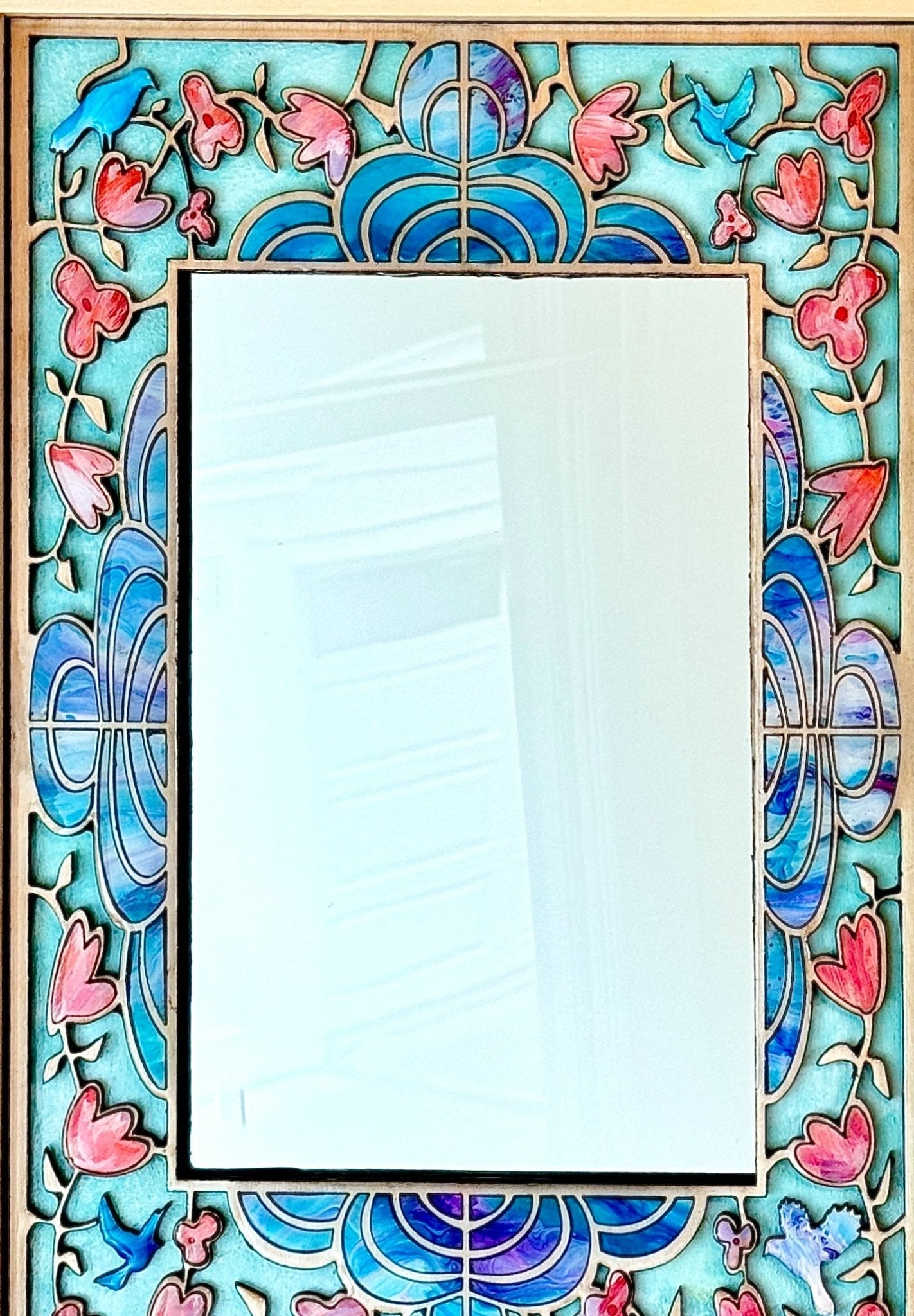 Mirror with Intricate Wood Inlay of Pink Flowers and Bluebirds - Pashley Creations