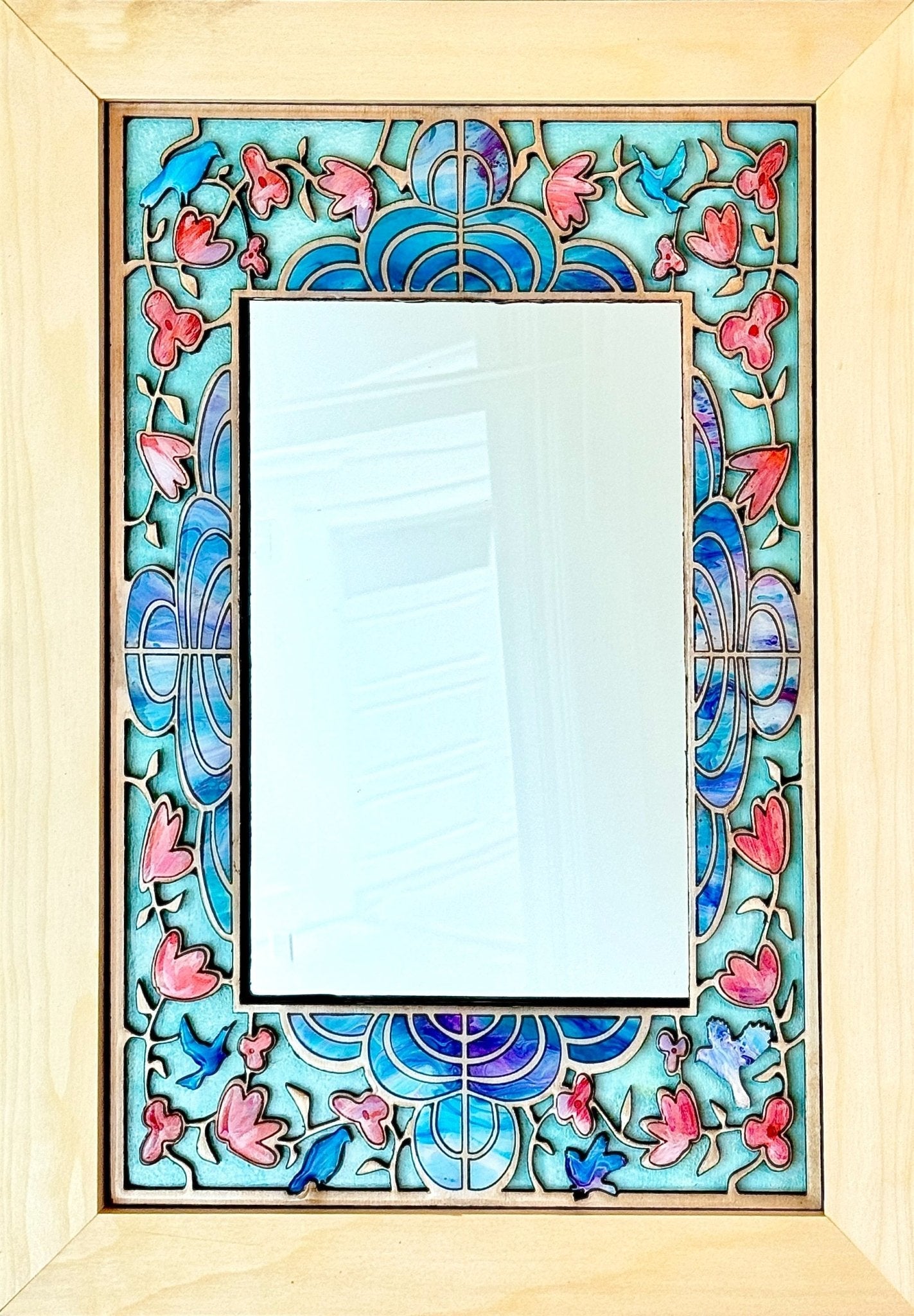 Mirror with Intricate Wood Inlay of Pink Flowers and Bluebirds - Pashley Creations