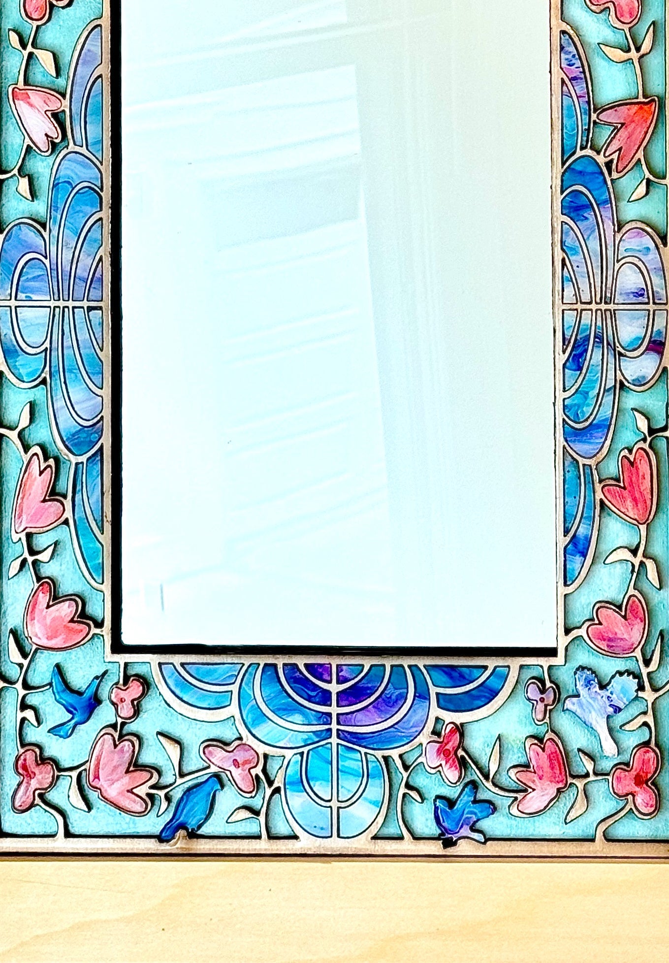 Mirror with Intricate Wood Inlay of Pink Flowers and Bluebirds - Pashley Creations