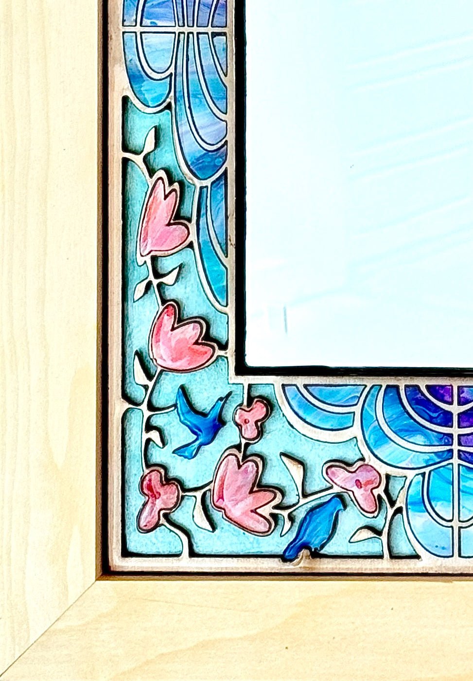 Mirror with Intricate Wood Inlay of Pink Flowers and Bluebirds - Pashley Creations