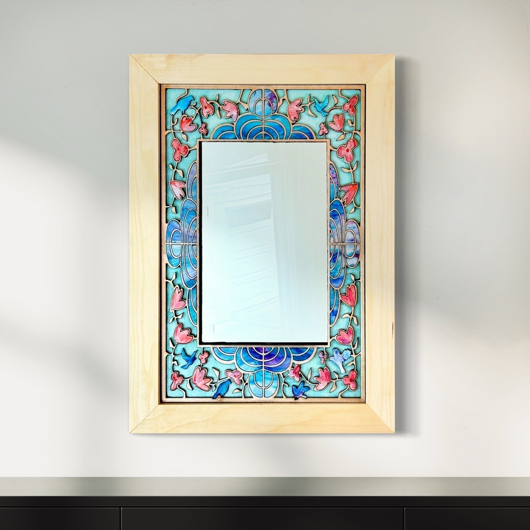 Mirror with Intricate Wood Inlay of Pink Flowers and Bluebirds - Pashley Creations