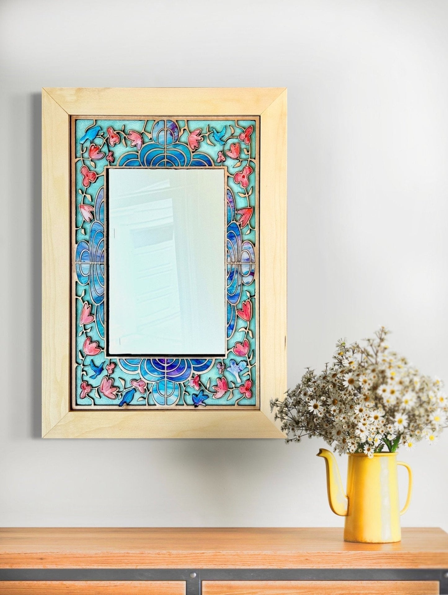 Mirror with Intricate Wood Inlay of Pink Flowers and Bluebirds - Pashley Creations