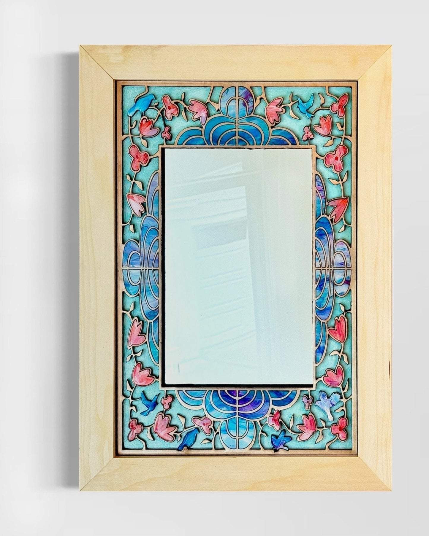 Mirror with Intricate Wood Inlay of Pink Flowers and Bluebirds - Pashley Creations