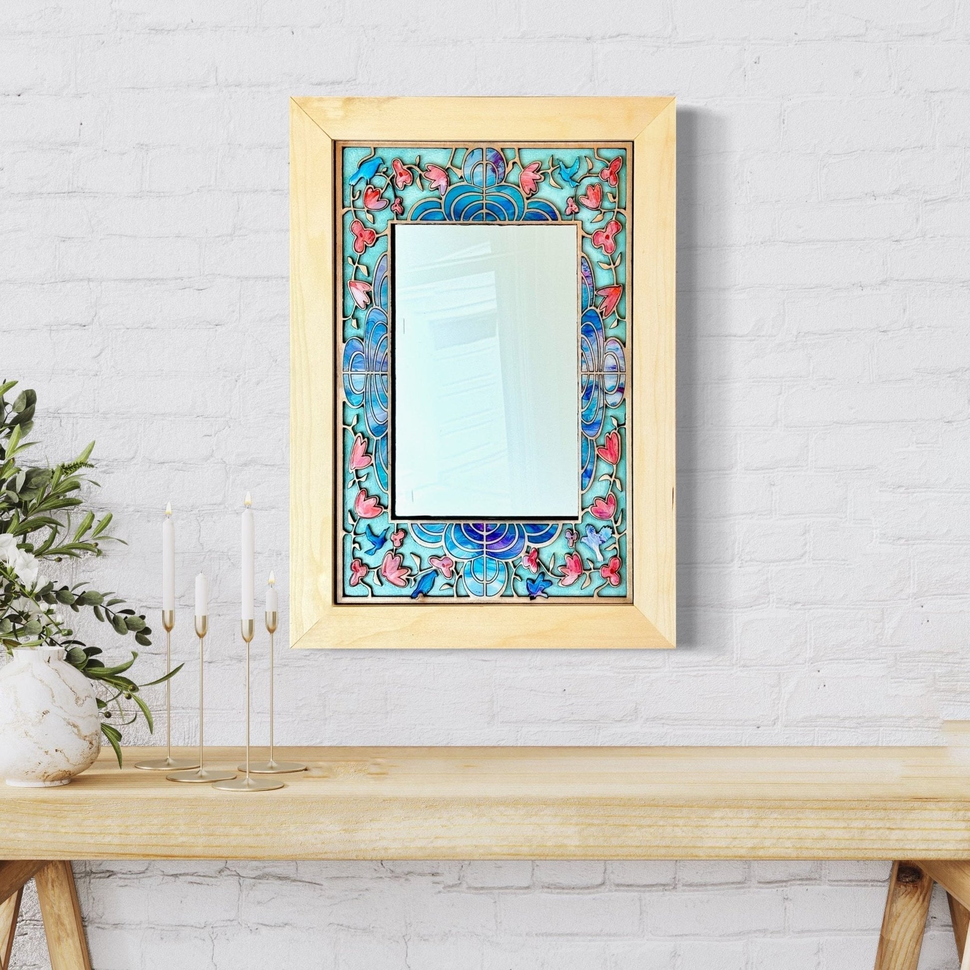 Mirror with Intricate Wood Inlay of Pink Flowers and Bluebirds - Pashley Creations