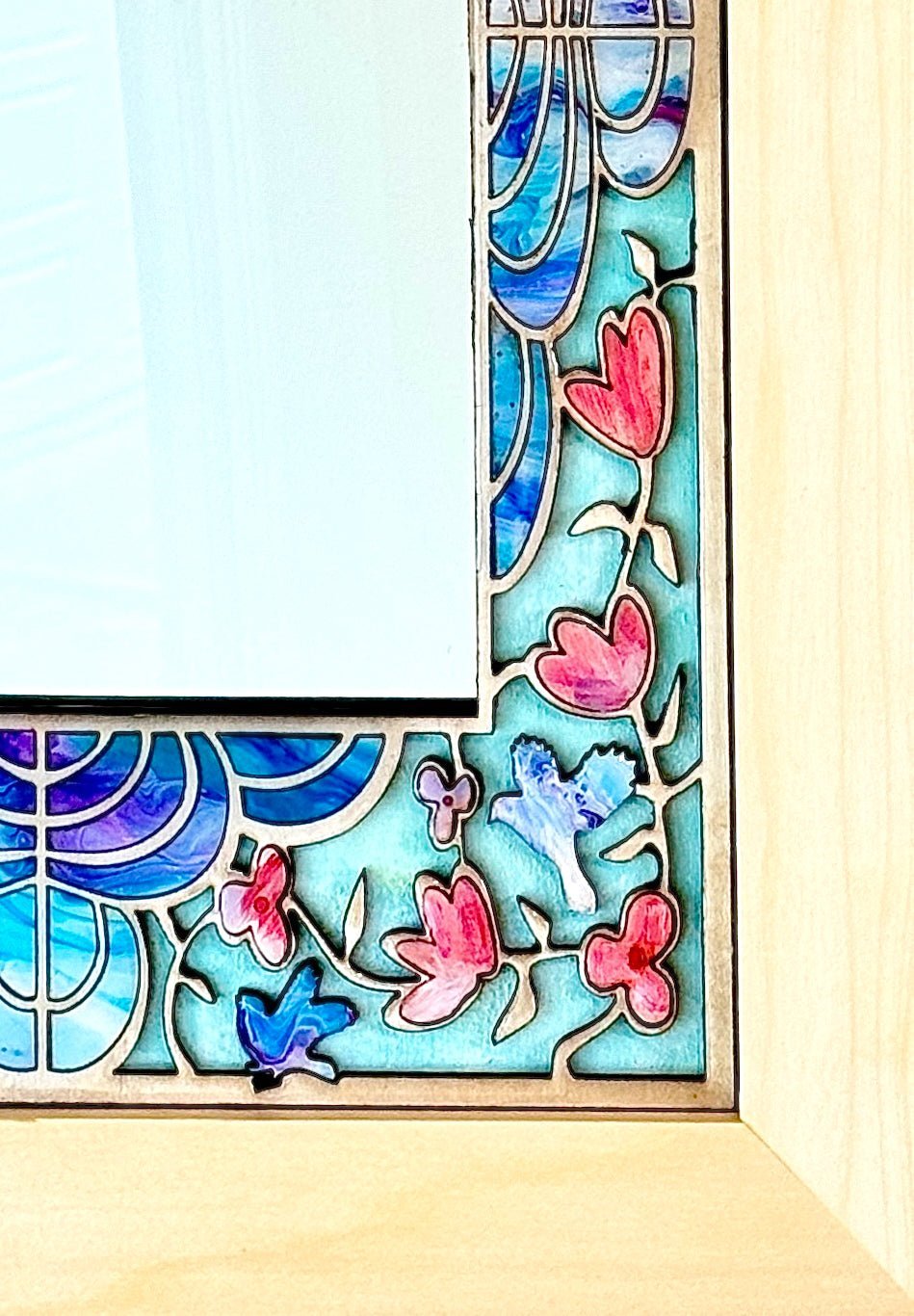 Mirror with Intricate Wood Inlay of Pink Flowers and Bluebirds - Pashley Creations