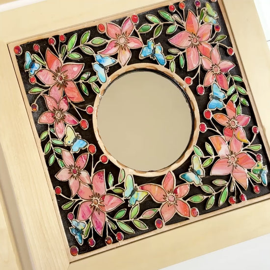 detail of mirror framed with inlaid wood-painted flowers, leaves and butterflies, Pashley Creations