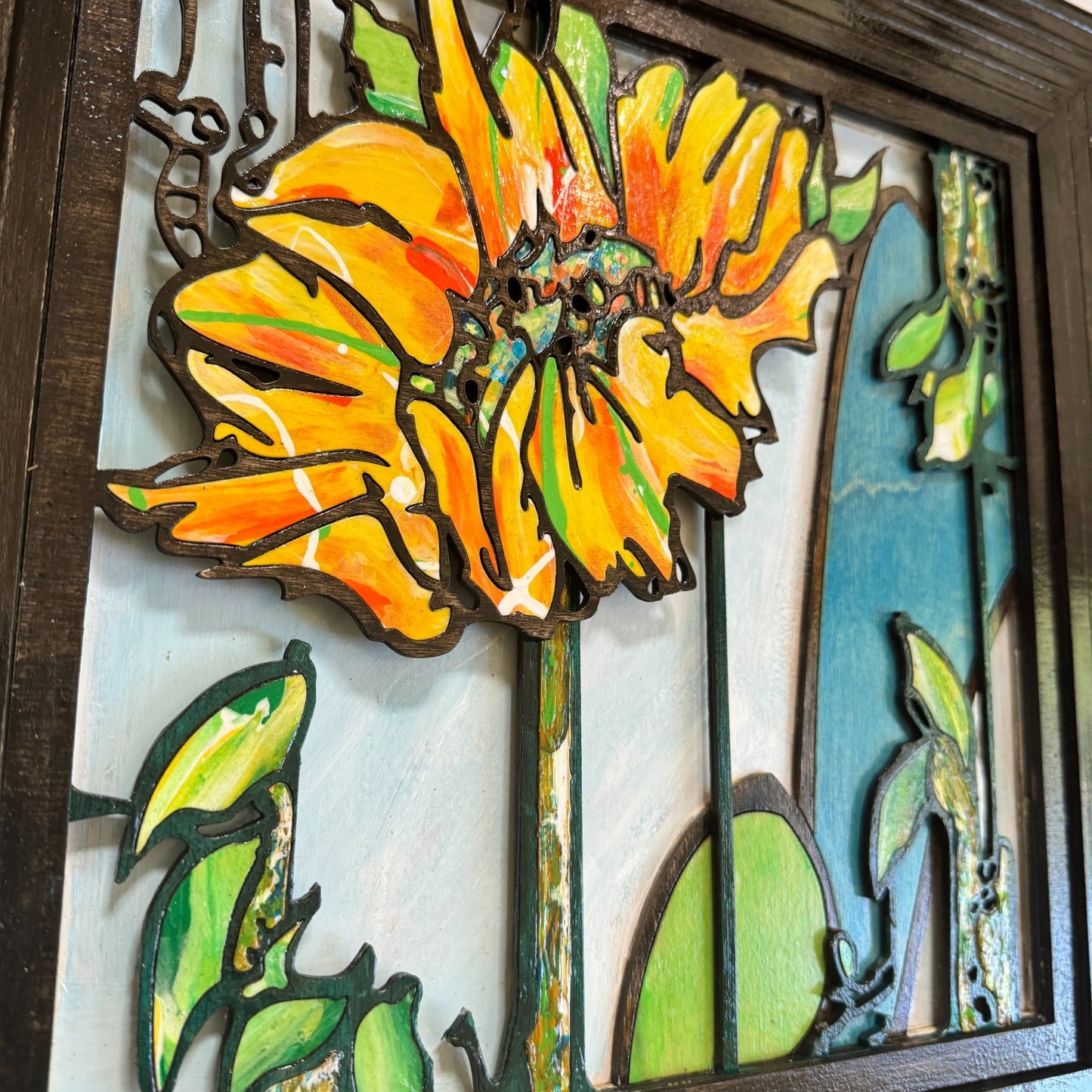 Sunflowers - 2 panels, 3D Mosaic Inlaid Wood Sculptures - Pashley Creations