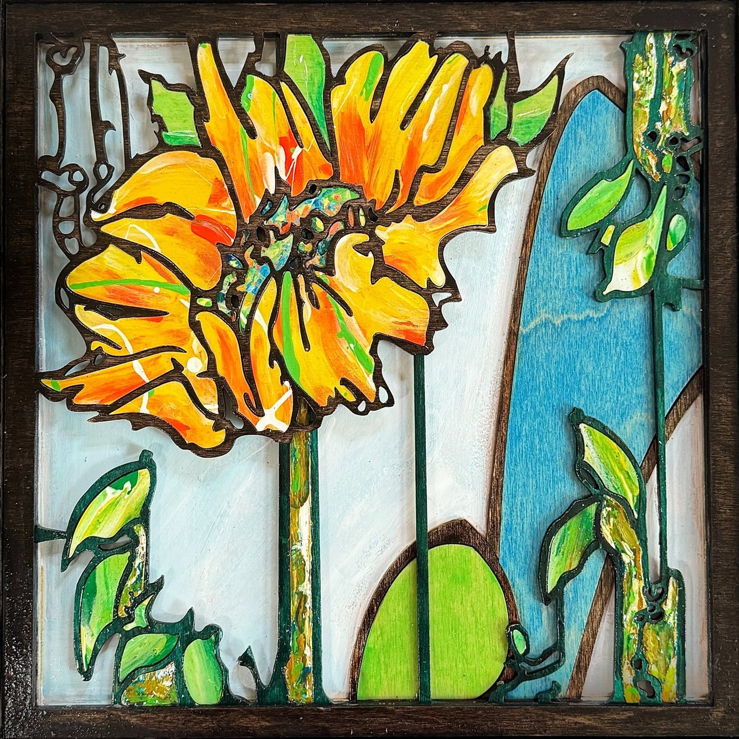 Sunflowers - 2 panels, 3D Mosaic Inlaid Wood Sculptures - Pashley Creations