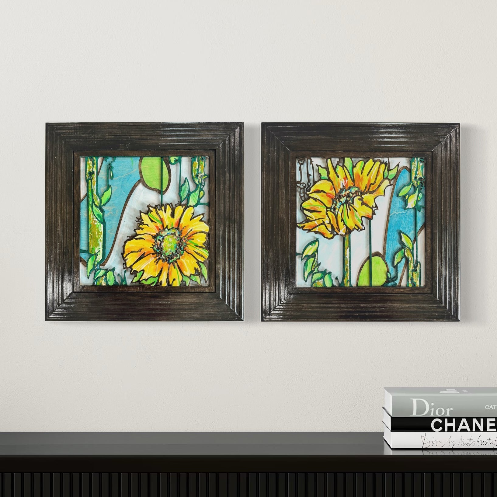 Sunflowers - 2 panels, 3D Mosaic Inlaid Wood Sculptures - Pashley Creations