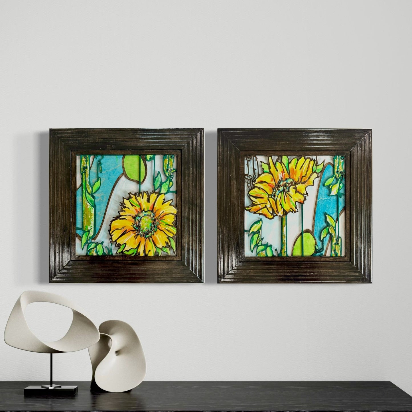 Sunflowers - 2 panels, 3D Mosaic Inlaid Wood Sculptures - Pashley Creations