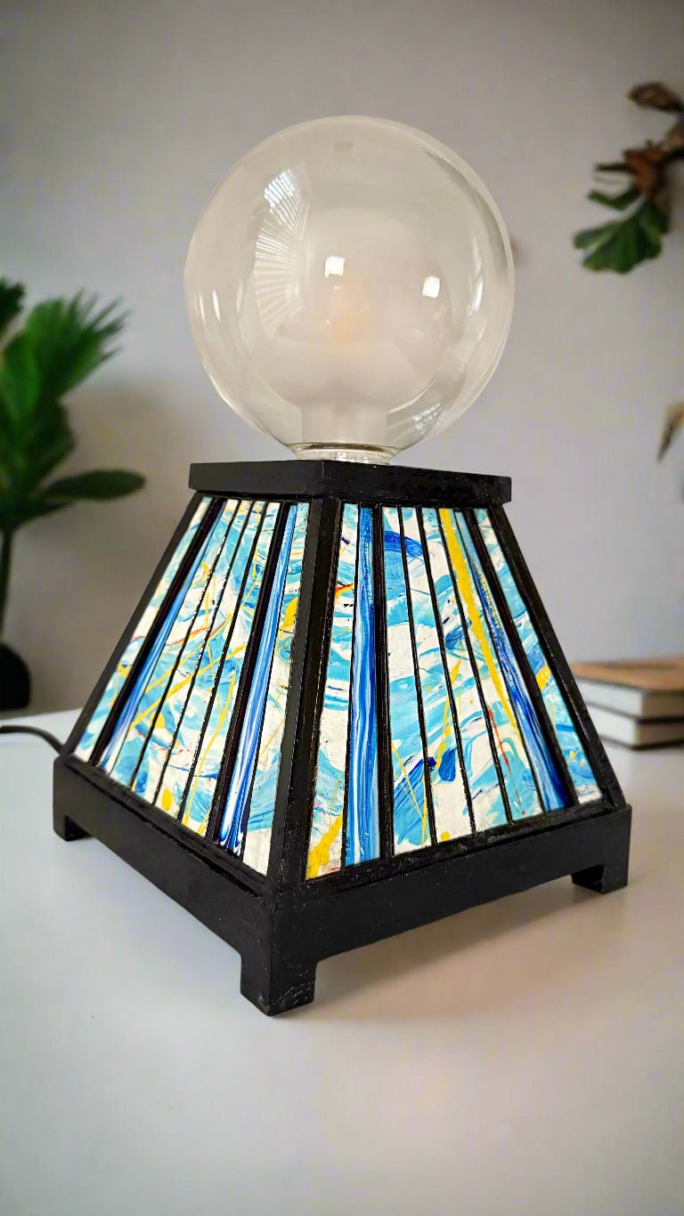 Table Lamp with Abstract Blue and Yellow Design - Pashley Creations - #Wood_Inlaid#