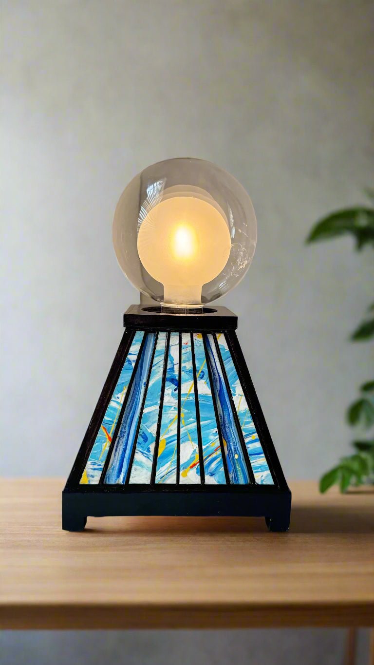 Table Lamp with Abstract Blue and Yellow Design - Pashley Creations - #Wood_Inlaid#