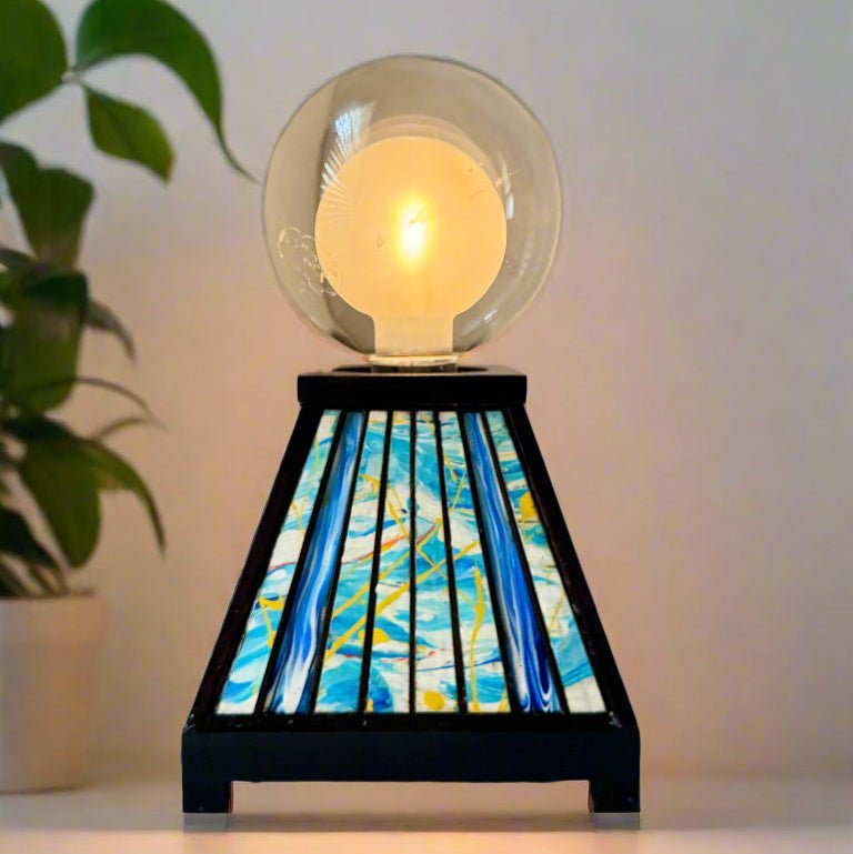 Table Lamp with Abstract Blue and Yellow Design - Pashley Creations - #Wood_Inlaid#