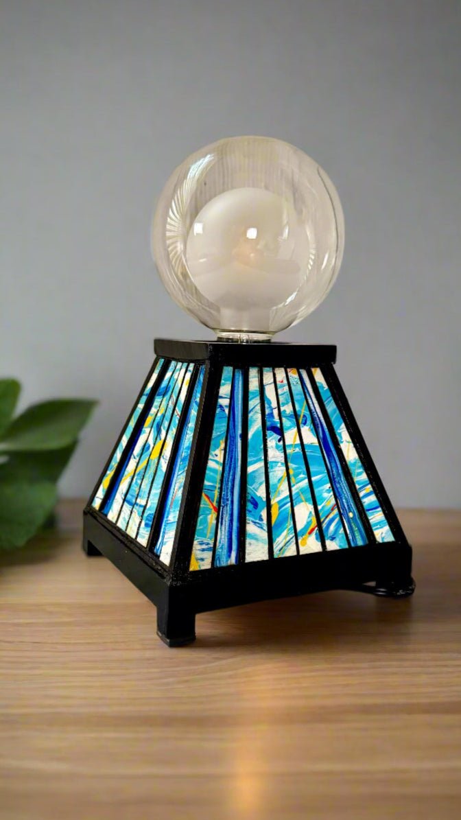 Table Lamp with Abstract Blue and Yellow Design - Pashley Creations - #Wood_Inlaid#