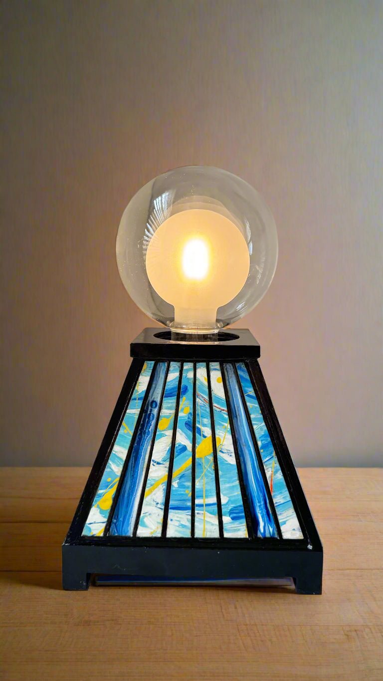 Table Lamp with Abstract Blue and Yellow Design - Pashley Creations - #Wood_Inlaid#