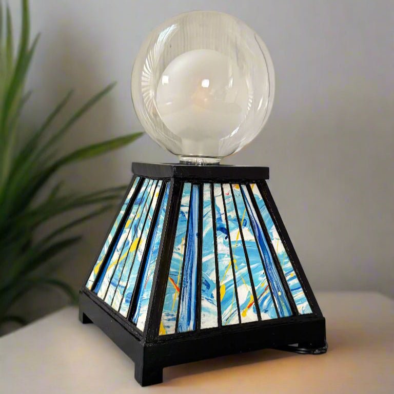 Table Lamp with Abstract Blue and Yellow Design - Pashley Creations - #Wood_Inlaid#