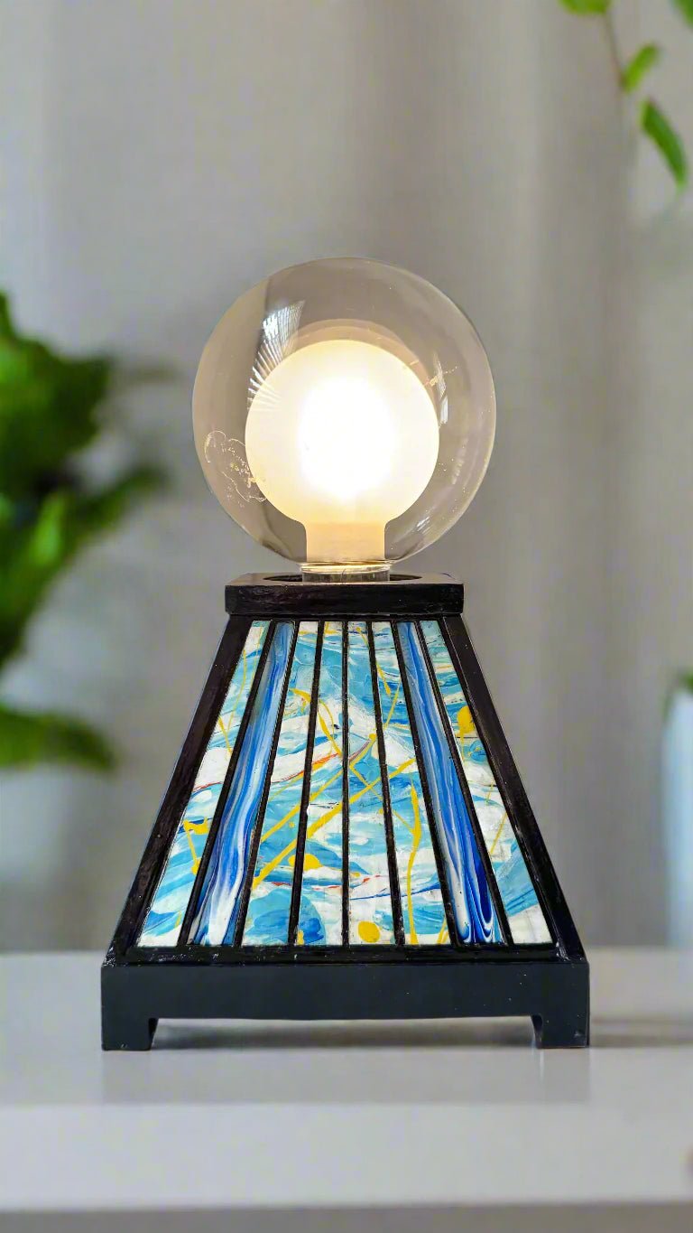 Table Lamp with Abstract Blue and Yellow Design - Pashley Creations - #Wood_Inlaid#