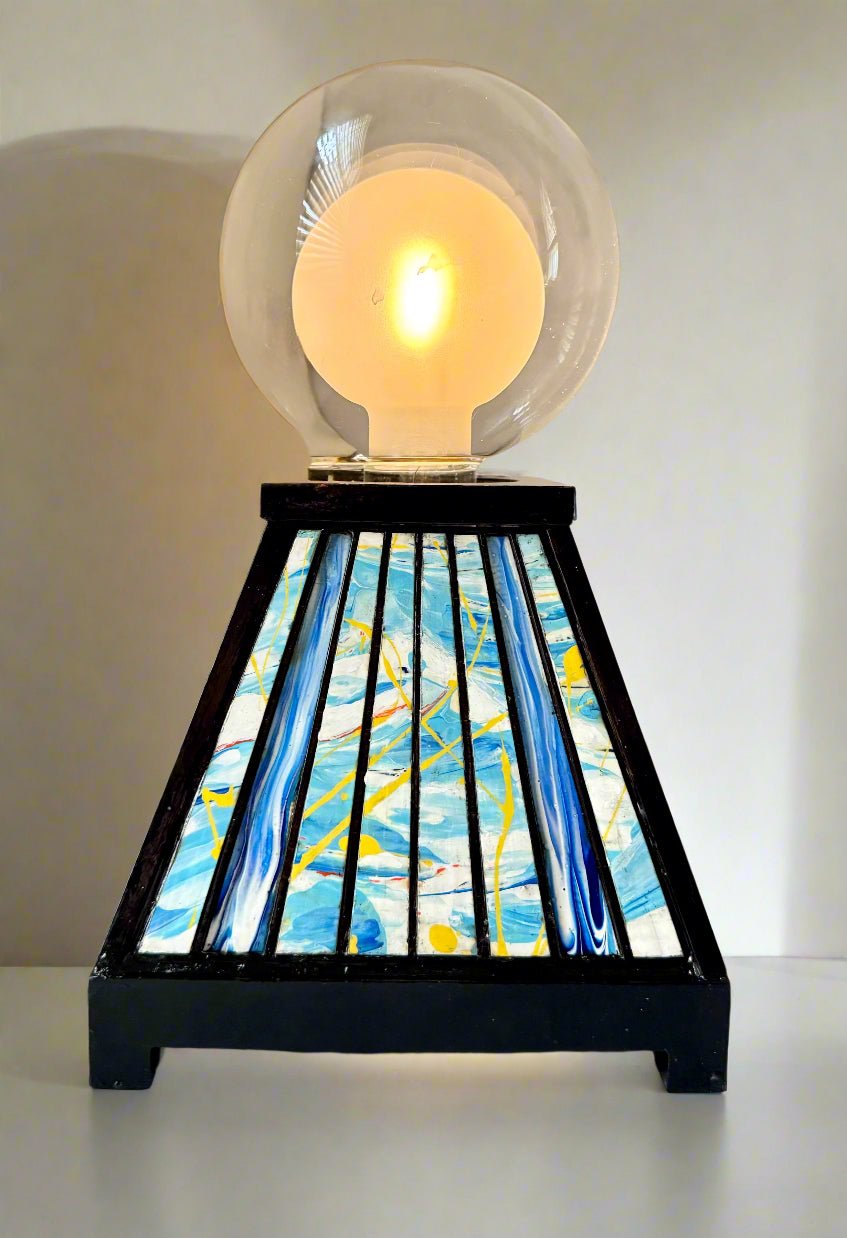 Table Lamp with Abstract Blue and Yellow Design - Pashley Creations - #Wood_Inlaid#