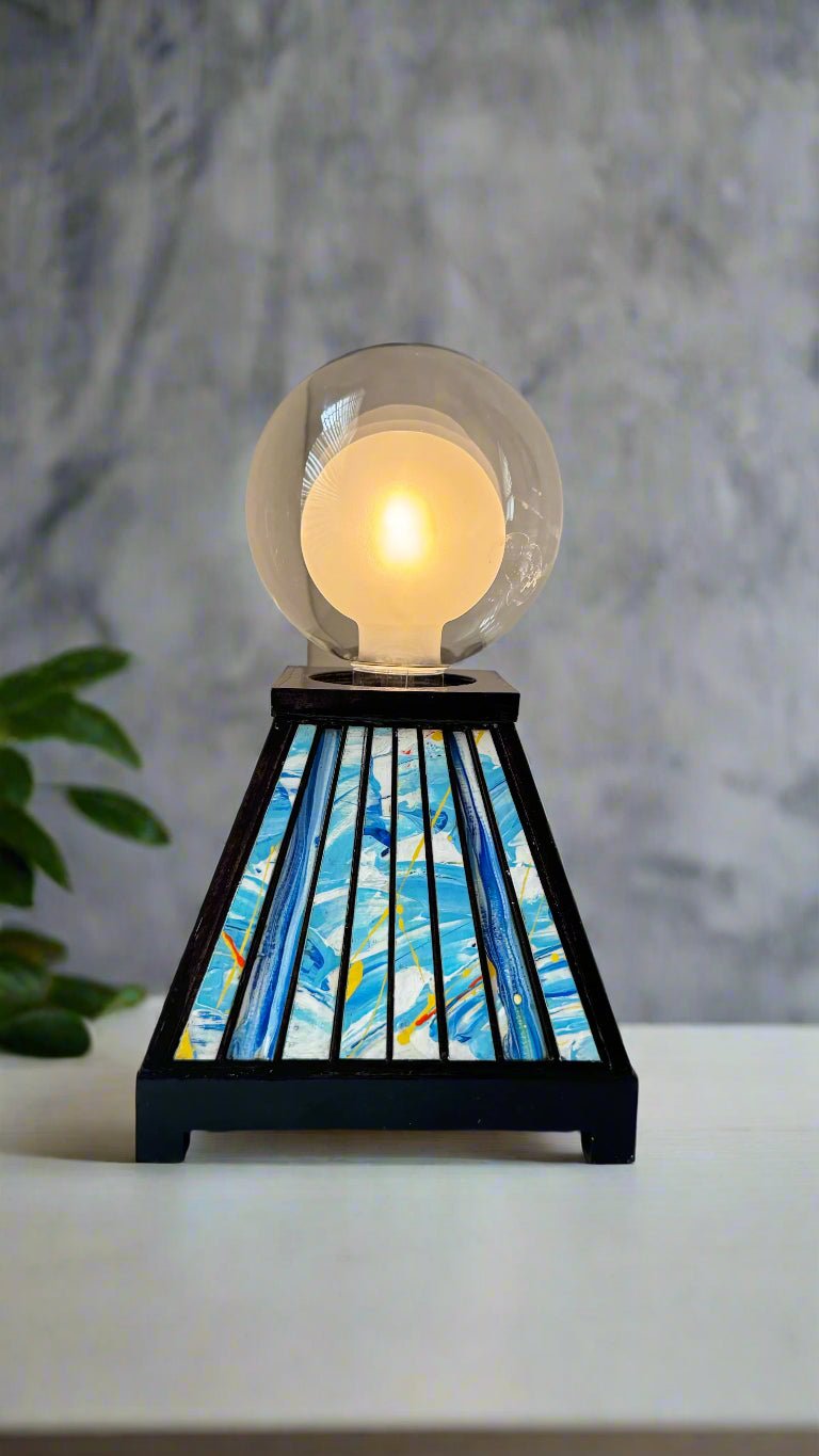 Table Lamp with Abstract Blue and Yellow Design - Pashley Creations - #Wood_Inlaid#