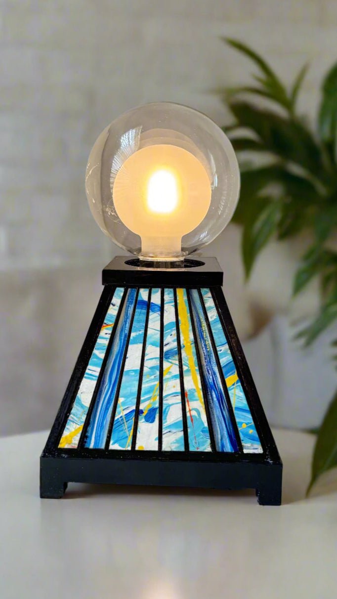 Table Lamp with Abstract Blue and Yellow Design - Pashley Creations - #Wood_Inlaid#